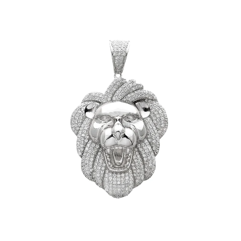 Pave - Set Cubic Zirconia Crown Pendant Necklace for Little Princess - Themed Birthday PartiesIced-Out Lion Head Pendant (Silver)