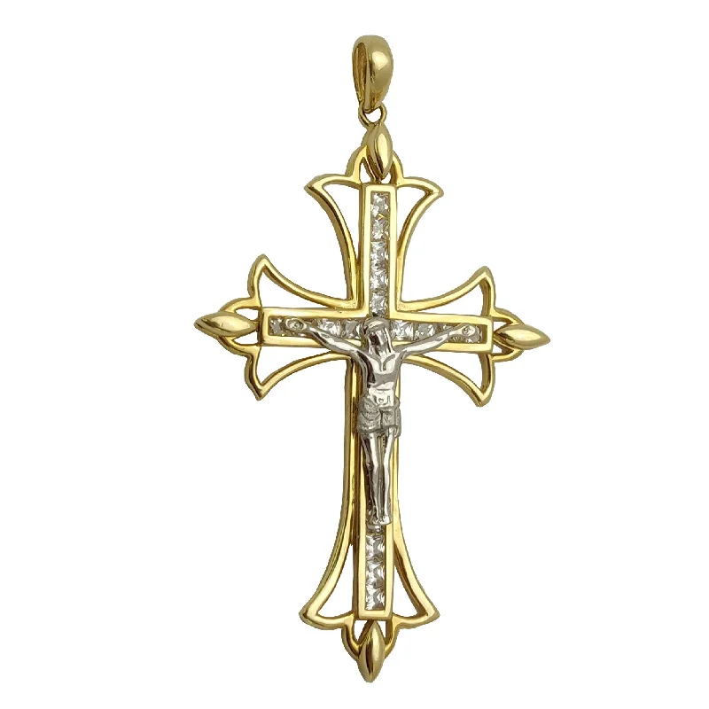 Handmade Leather - Wrapped Crystal Pendant for a Bohemian AestheticTwo-Tone Crucifix CZ Pendant (14K).