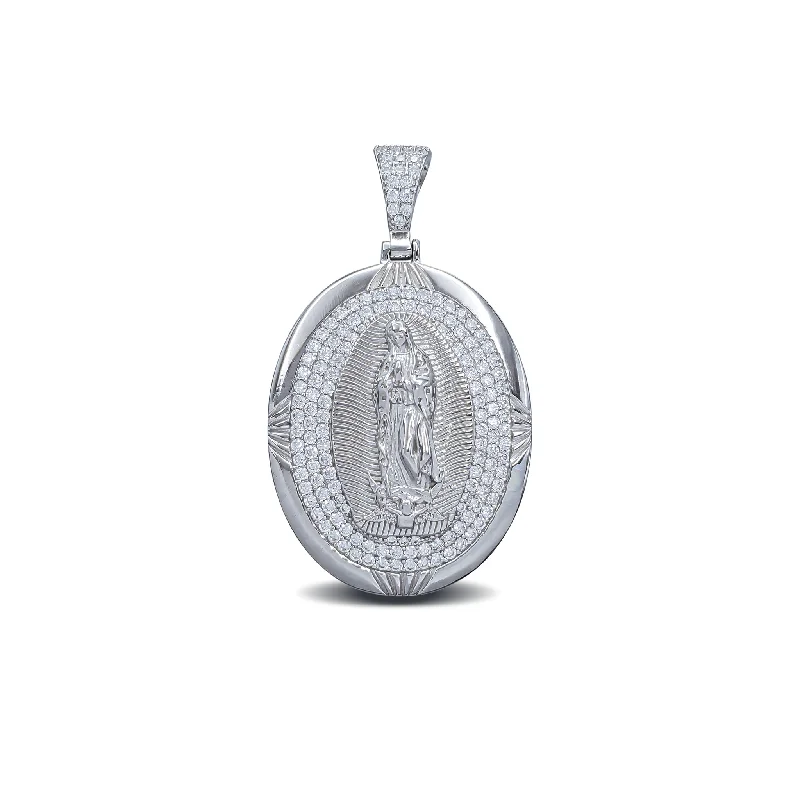 Magnetic - Closure Pendant Necklace with a Hidden Compartment for Secret KeepersZirconia Pave Oval Virgin Mary Pendant (Silver)